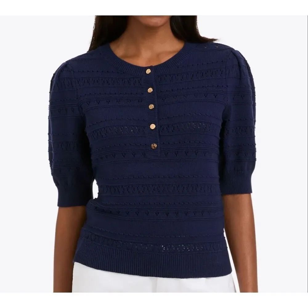 Draper James navy pointelle gold button short sleeve sweater XXL